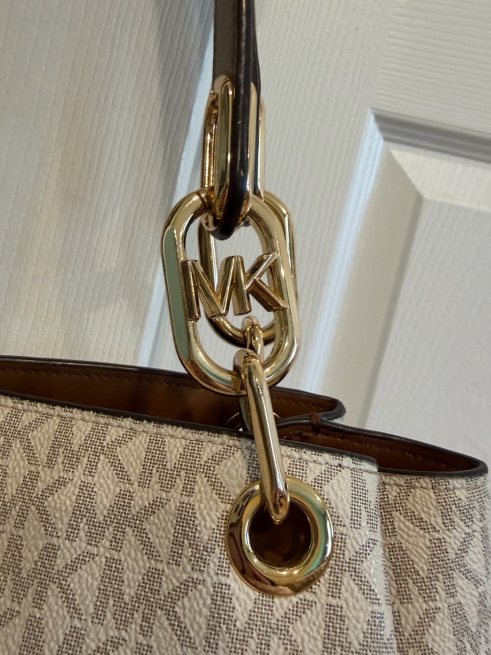 Michael Kors Trisha Cream Logo-Print Shoulder Tote with Brown Handles - Picture 6 of 10